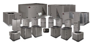 A comprehensive display of various HVAC systems, including outdoor units, furnaces, air handlers, and thermostats, offered by B&G Air Specialists, LLC in Orlando, FL.