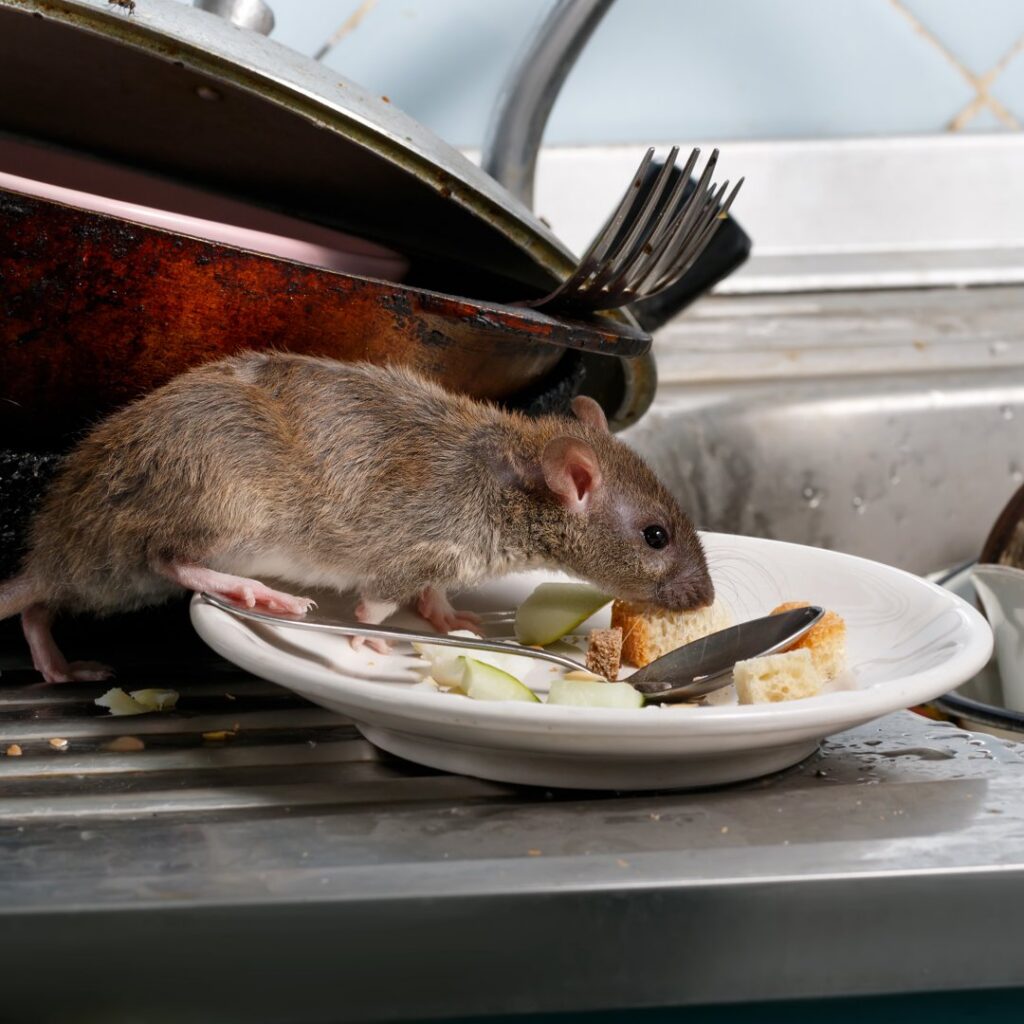 A rat eating from a dirty plate in a kitchen sink, a common rodent issue handled by Fearless Exterminator in Miami, FL