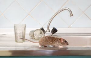 A rat on a kitchen sink next to glasses, indicating a rodent pest control issue for The Queen Pest Control Co in Charlotte, NC.