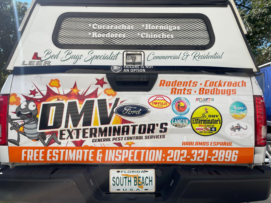 Rear view of a branded pest control truck for El Exterminador Del DMV in Rockville, MD, listing services like rodents and bedbugs.