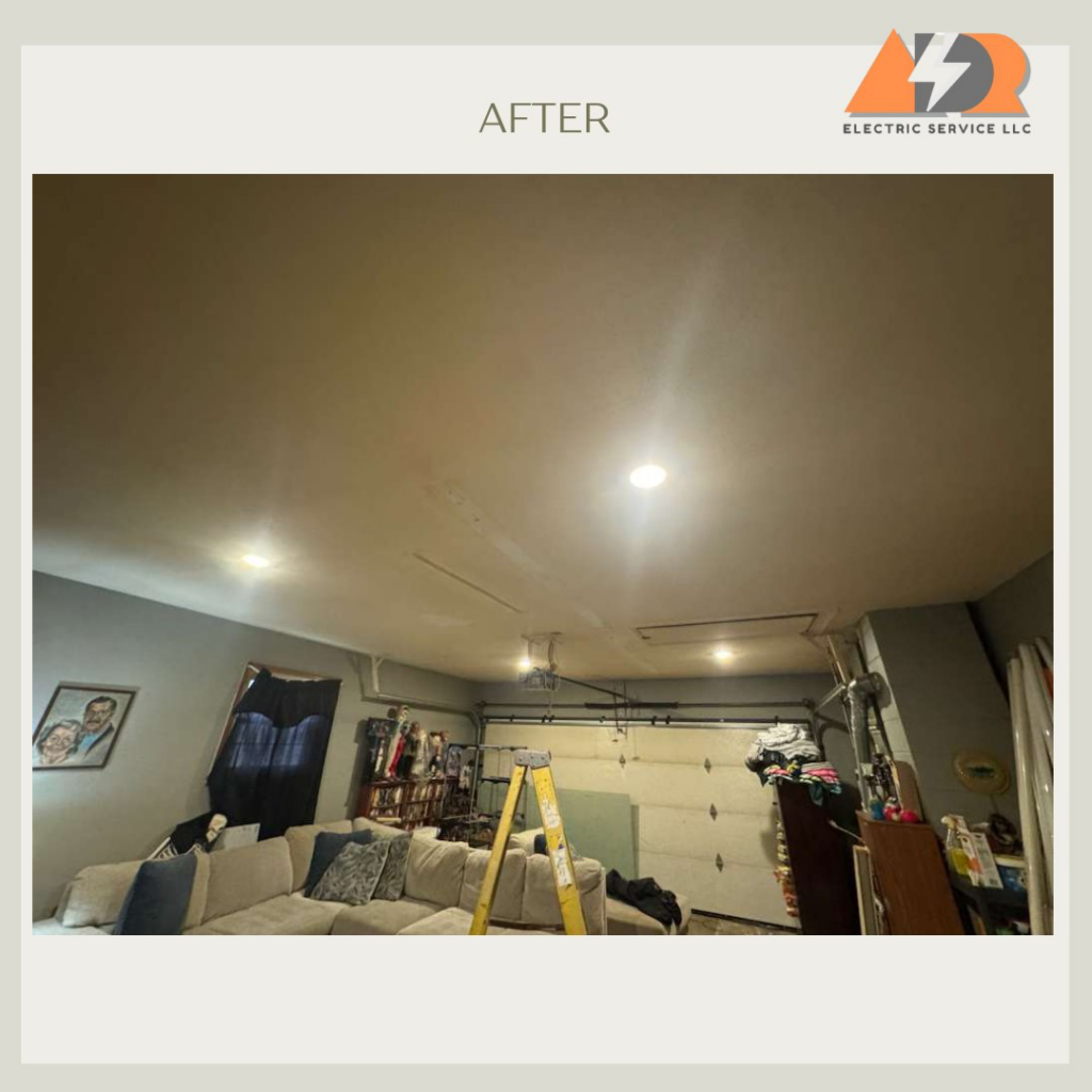 Newly installed recessed lighting illuminating a garage living space after an upgrade by ADR Electric in Indianapolis, IN.
