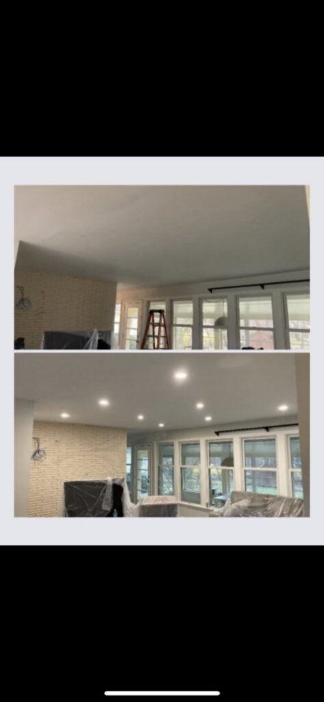 Before and after view of a living room showing new recessed lighting installation by Mark Anthony Electric LLC in Wilmington, DE