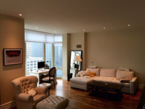 Newly installed recessed lighting illuminating a modern living space by GEN3 Electric & HVAC in Philadelphia, PA.