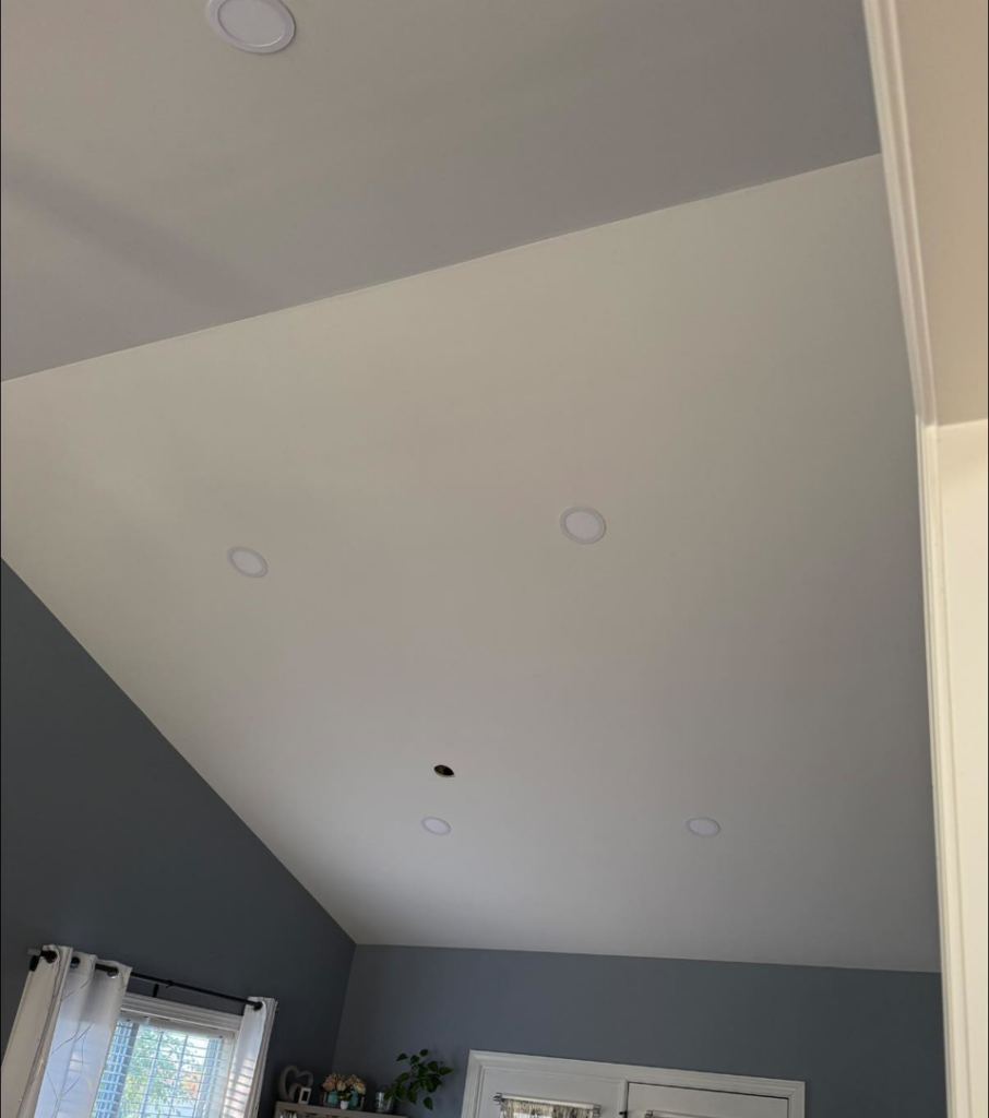 Professionally installed recessed lighting in a sloped ceiling by C.M.S Electrical in Staley, NC.