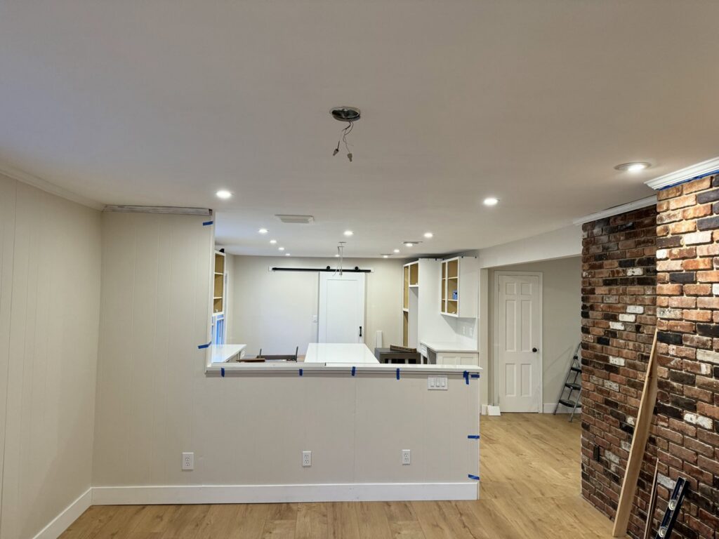 Recessed lighting installed in a ceiling during a home renovation project by E & E Electric in Post Falls, ID.