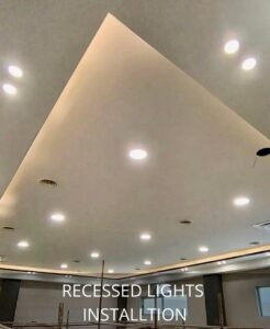 Newly installed recessed lights in a ceiling, a professional lighting service by Vitality Electric in Sacramento, CA.