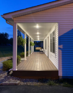 Recessed lighting installed on a residential porch ceiling by CM Electrical Solutions in Elizabethtown, KY.