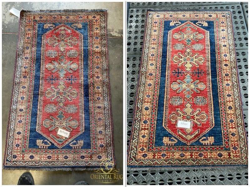 Before and after comparison of a rectangular oriental rug cleaning by Oriental Rug Cleaning Plant Jacksonville, FL