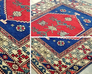 A vibrant red and blue rug with geometric patterns, representing the diverse rug cleaning services offered by N J Green Rug Cleaning in Jersey City, NJ.