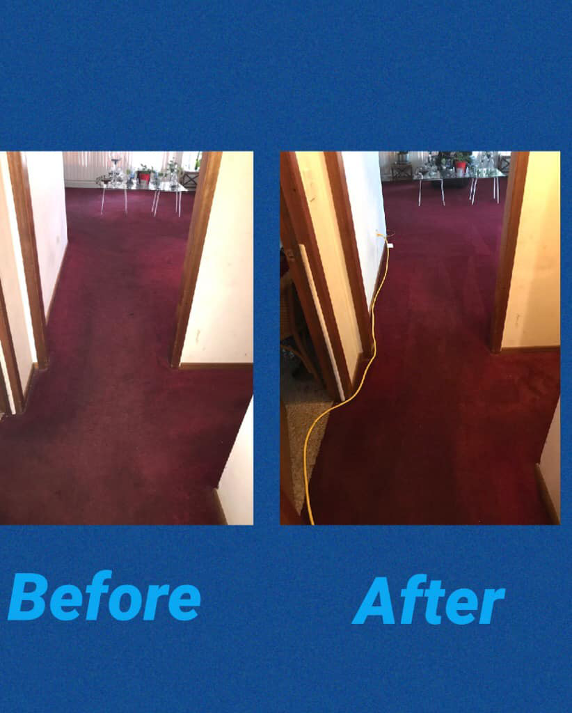 Before and after comparison of a red carpet cleaning by Larrys carpet and upholstery cleaning LLC in Maywood, IL.