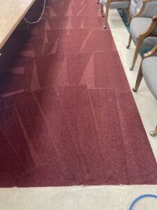 A red carpeted area showing distinct cleaning lines after service by Jones Carpet Care LLC in Huntsville, AL.