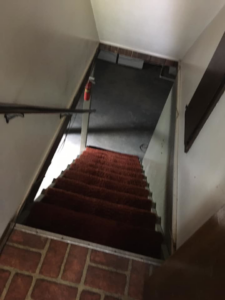 A red carpeted staircase, showing a potential carpet installation or cleaning project by A Little More Martha, LLC in Lansing, MI.