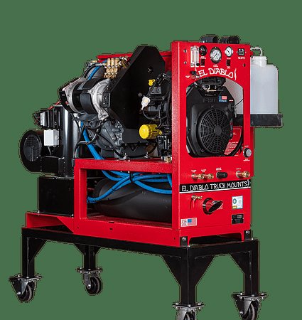 A red El Diablo truck mount carpet cleaning machine, ready for professional carpet contractor services in Rapid City, SD.