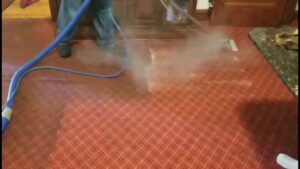 A professional cleaning a red patterned carpet with a wand, steam visible, by New Dawn's Carpet Cleaning in Cicero, IL.