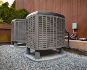 Two residential air conditioning condenser units installed by Accurate Air in Manchester, NH