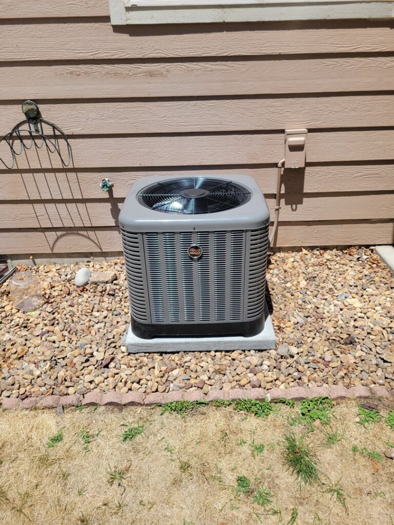 A newly installed residential AC unit by Kraemer Mechanical in Broomfield, CO.