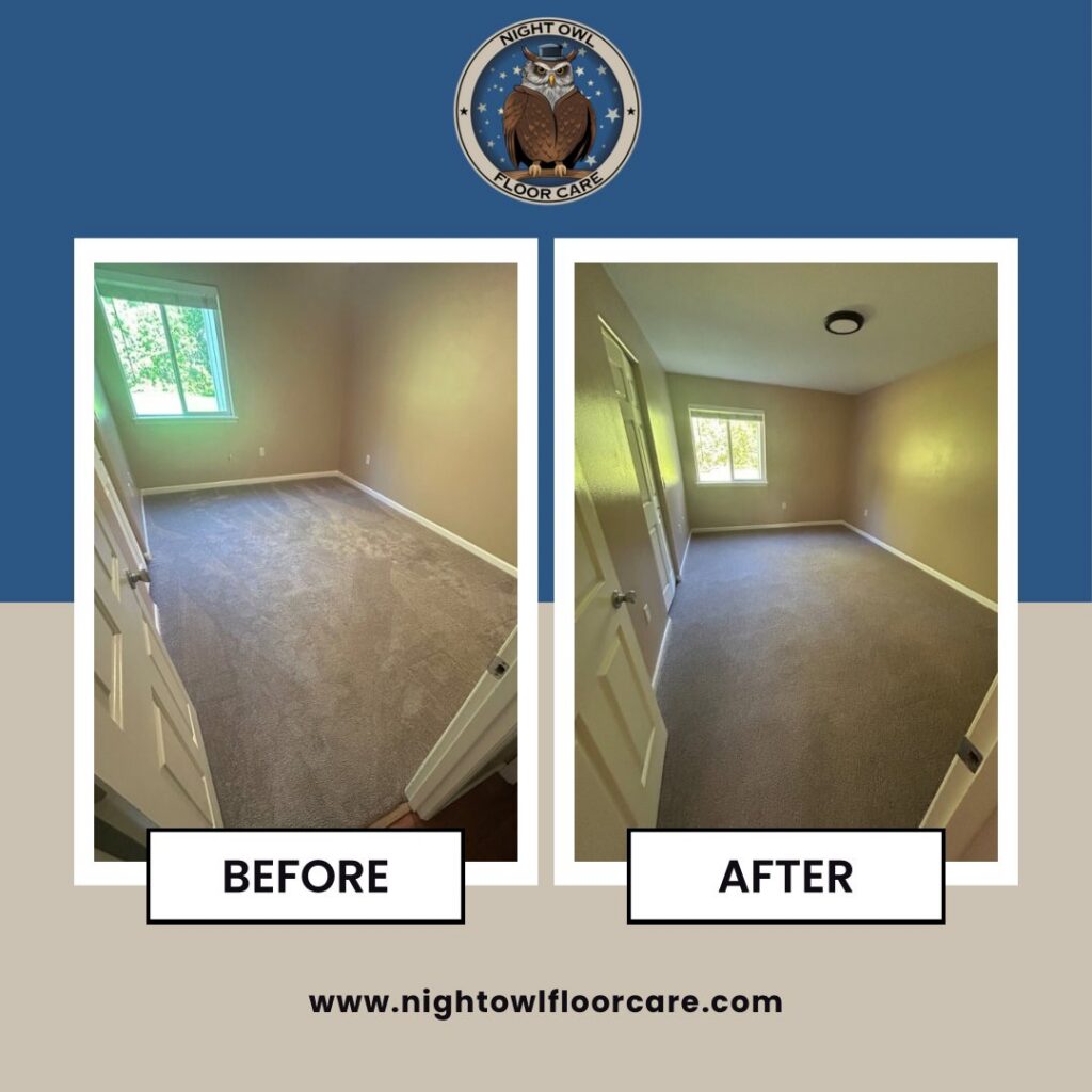 Before and after photos of residential bedroom carpet cleaning by Night Owl Floor Care in Wasilla, AK.