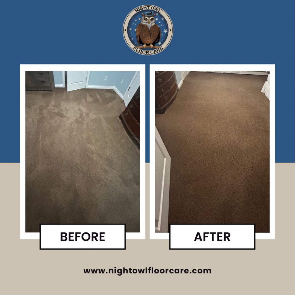Before and after photos showcasing clean residential bedroom carpet by Night Owl Floor Care in Wasilla, AK.