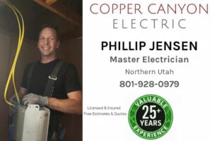 A residential electrical breaker box with the cover removed, revealing internal wiring and components by Copper Canyon Electric in Farmington, UT.