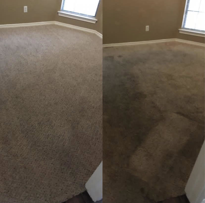 Before and after of residential carpet cleaning service provided by A Brighter Cleaning Service in Arlington, TX.