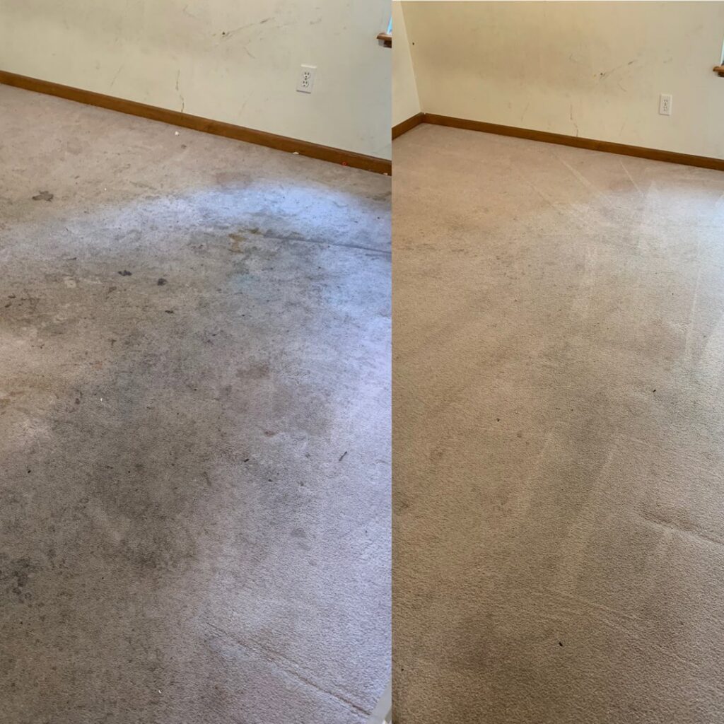 Before and after view of a residential carpet after professional cleaning by Columbia Carpet Cleaning in Columbia, MO.