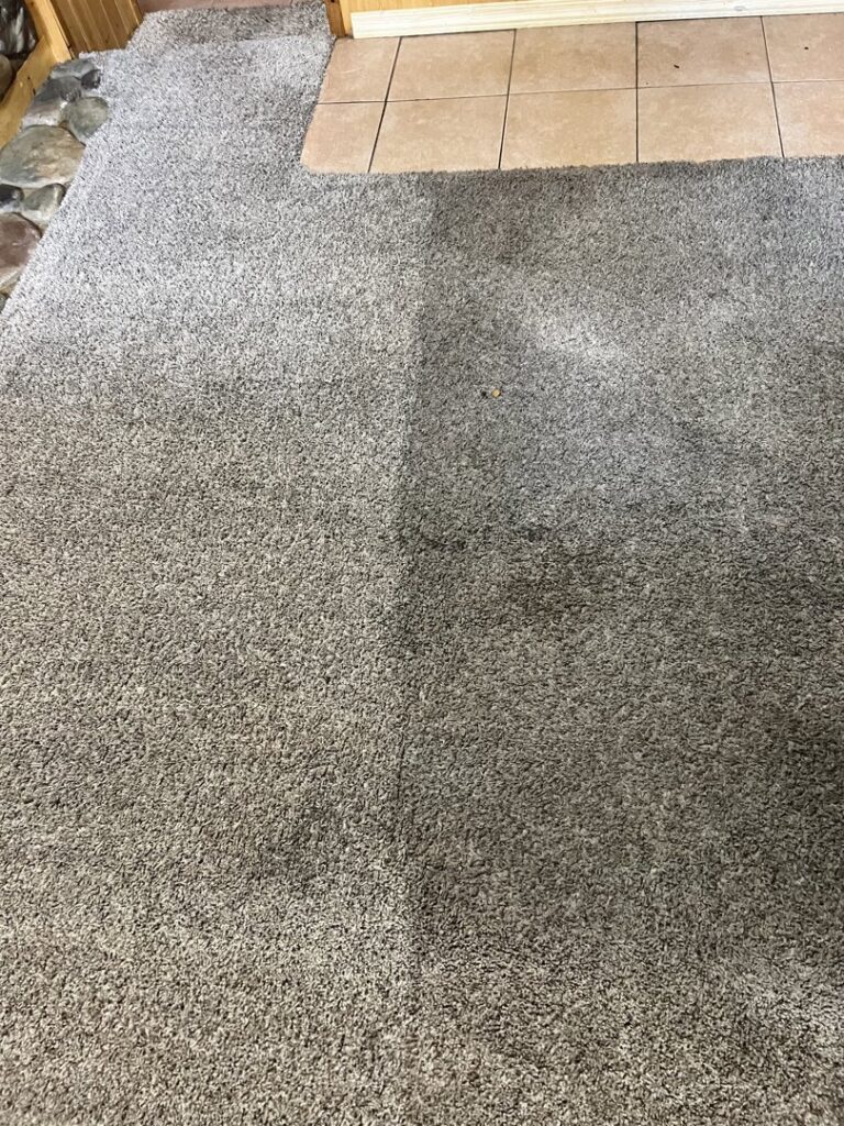 A residential carpet showing a clear before and after cleaning line by Master Clean Carpet Care in Casper, WY