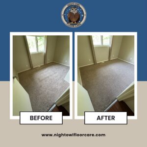 Before and after photos of residential carpet cleaning in a bedroom by Night Owl Floor Care in Wasilla, AK.