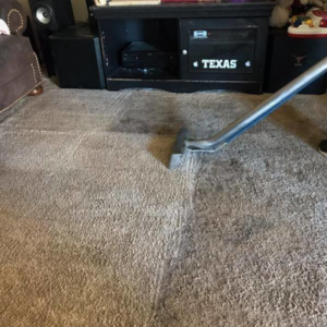 Residential carpet cleaning in progress, showing a clean strip on a light-colored carpet by C&S Carpet Cleaning in Cyril, OK.