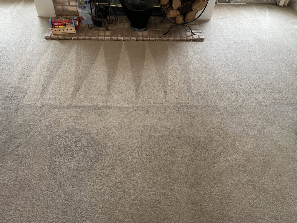 Residential carpet cleaning in progress, with visible clean lines from Captain Clean's service in Muncie, IN.