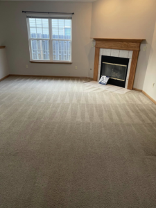 Clean carpet with fresh vacuum lines in a residential living room with a fireplace by Fox Cleaning Services in Lafayette, IN.