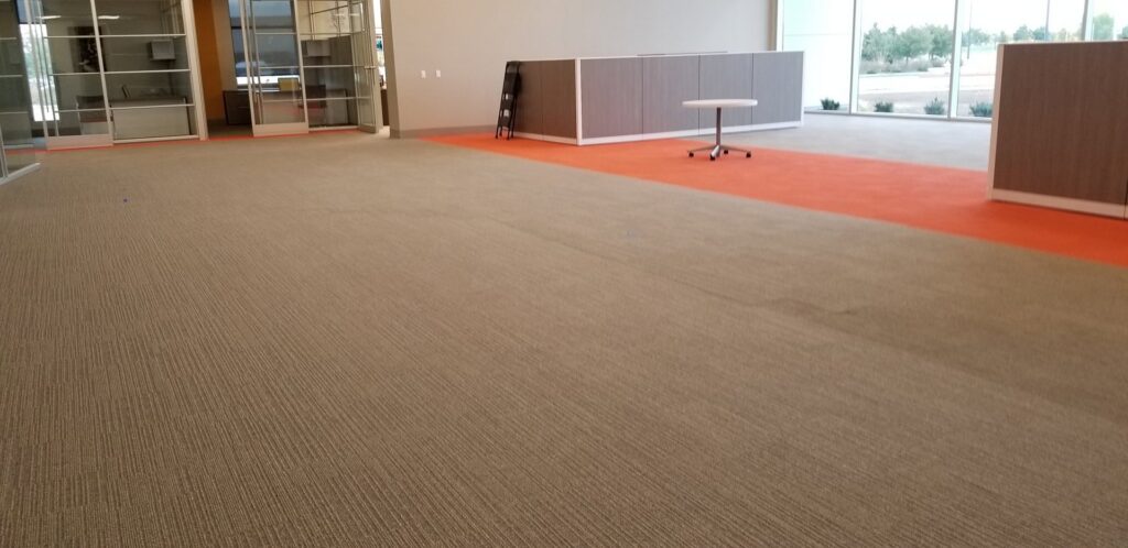 Residential carpet cleaning in progress with a machine and hoses, showing a clean path by Foothills Steam Carpet Cleaners in Fort Collins, CO.