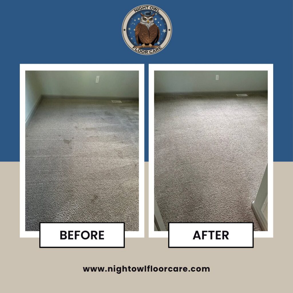 Before and after photos of residential carpet stain removal by Night Owl Floor Care in Wasilla, AK.