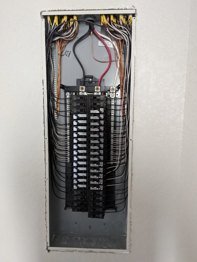 A residential electrical breaker panel with neatly organized wiring, installed by My A Plus Electric SA in San Antonio, TX