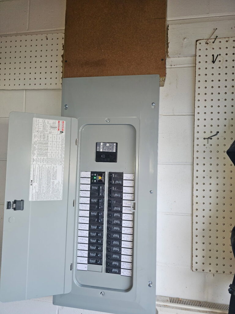 An open residential electrical panel with circuit breakers, serviced by Everyday Electric in Tampa, FL.