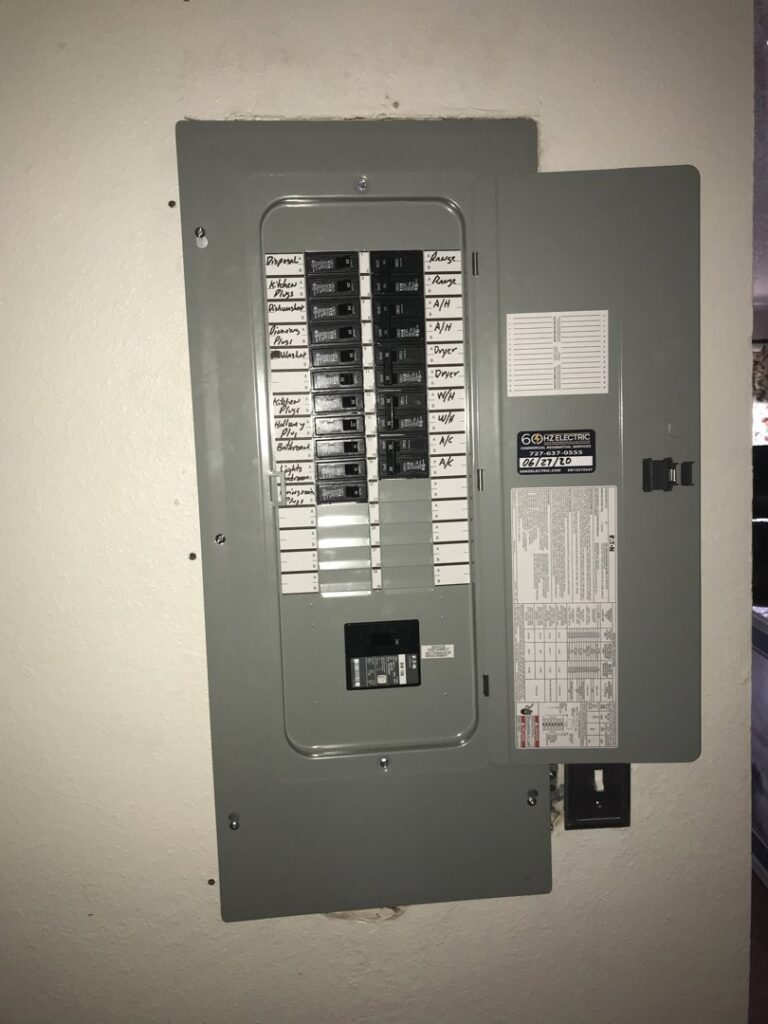 An open residential electrical panel showing circuit breakers, serviced by 60HZ Electric in St. Petersburg, FL.