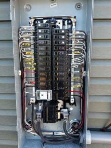 A neatly wired residential electrical panel with labeled breakers installed by Prime Time Electric in Rock Hill, SC.
