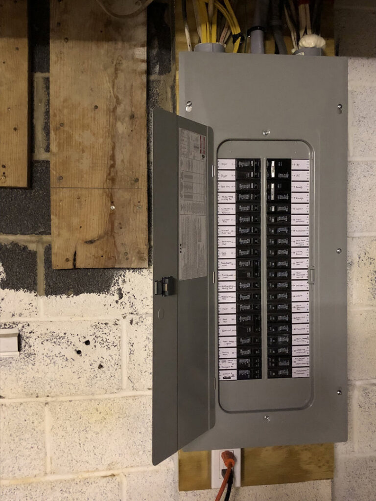 A modern residential electrical panel, showing a recent upgrade or installation by All Connected Electric LLC in Raleigh, NC.