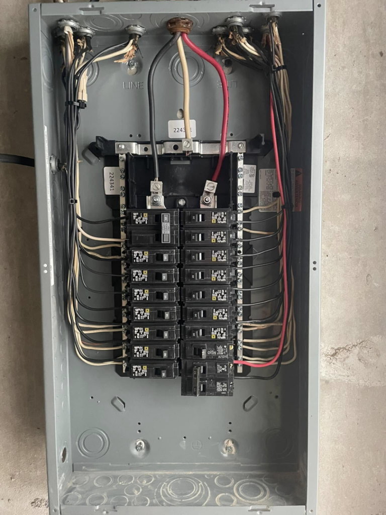 An open residential electrical panel with neatly wired circuit breakers, serviced by Greater Baton Rouge Electric in Baton Rouge, LA.
