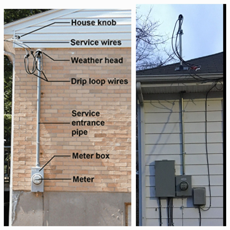 A residential electrical service entrance with meter box and conduit, installed by Boyd Electric, LLC in Evansville, IN