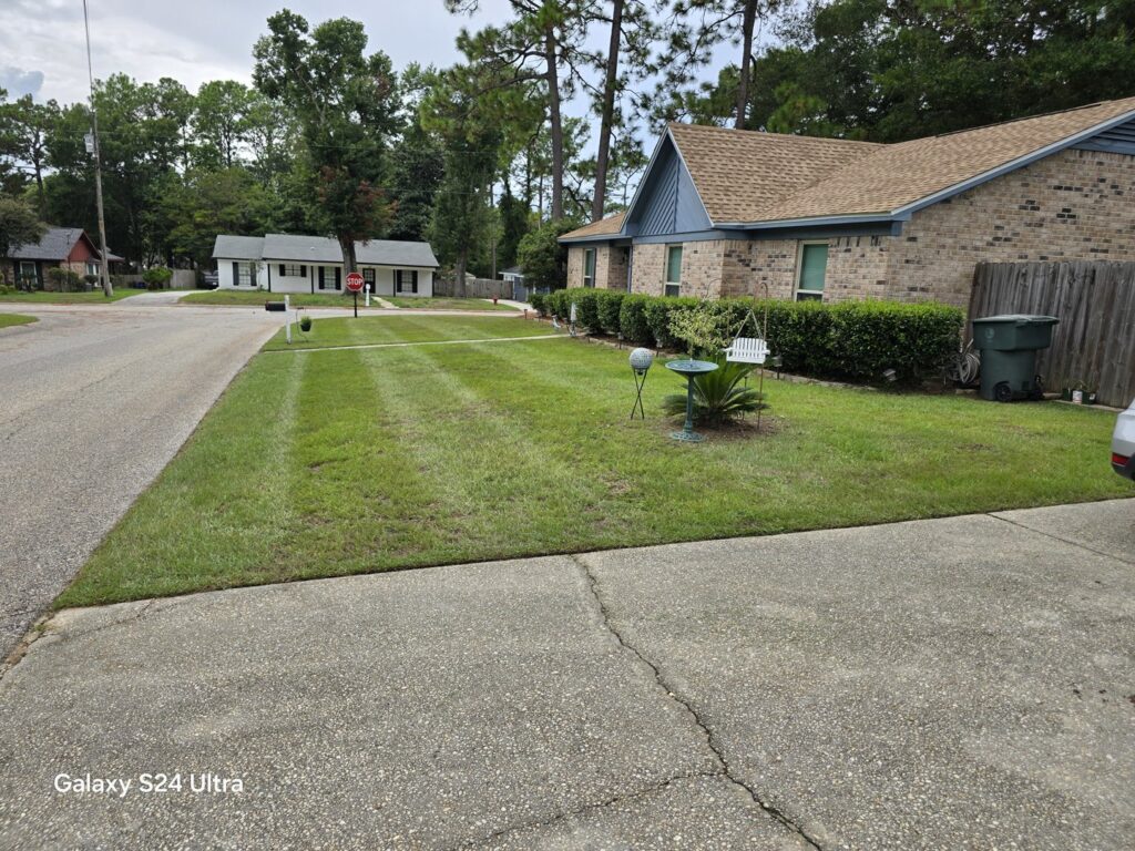 A residential front lawn with perfectly mowed stripes, showcasing the quality work of Southern Rooted Lawns in Mobile, AL.