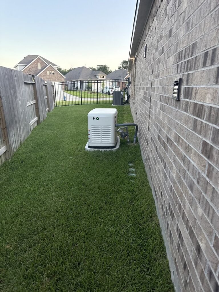 A residential Generac standby generator installed in a backyard by Never Without Power Generators LLC in Huffman, TX.