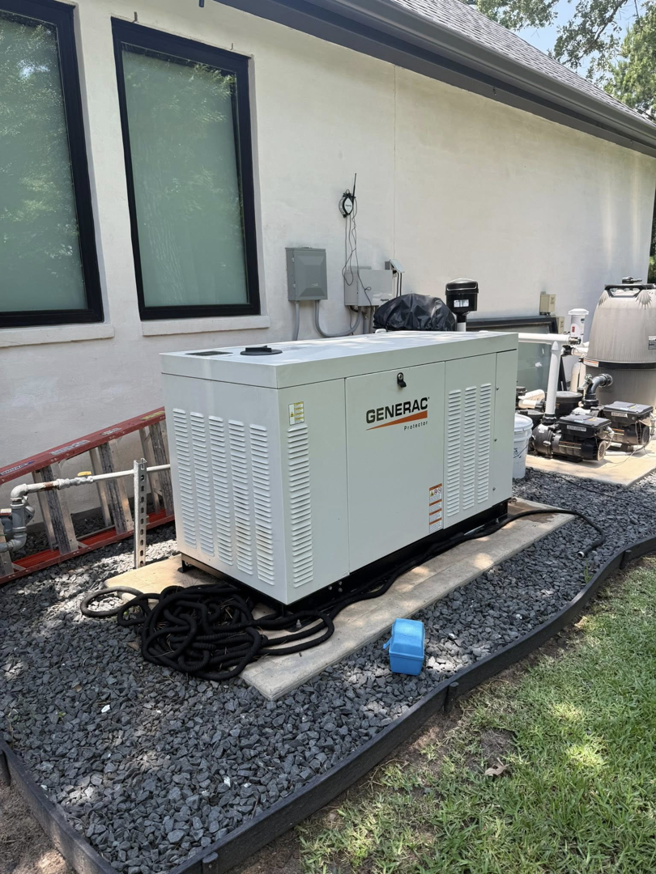 A residential Generac standby generator setup with visible electrical conduits installed by Gen Central Power Systems in Houston, TX