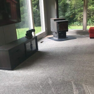 A newly installed light grey residential carpet in a living room by Midwest Coast Flooring in North Bend, OR