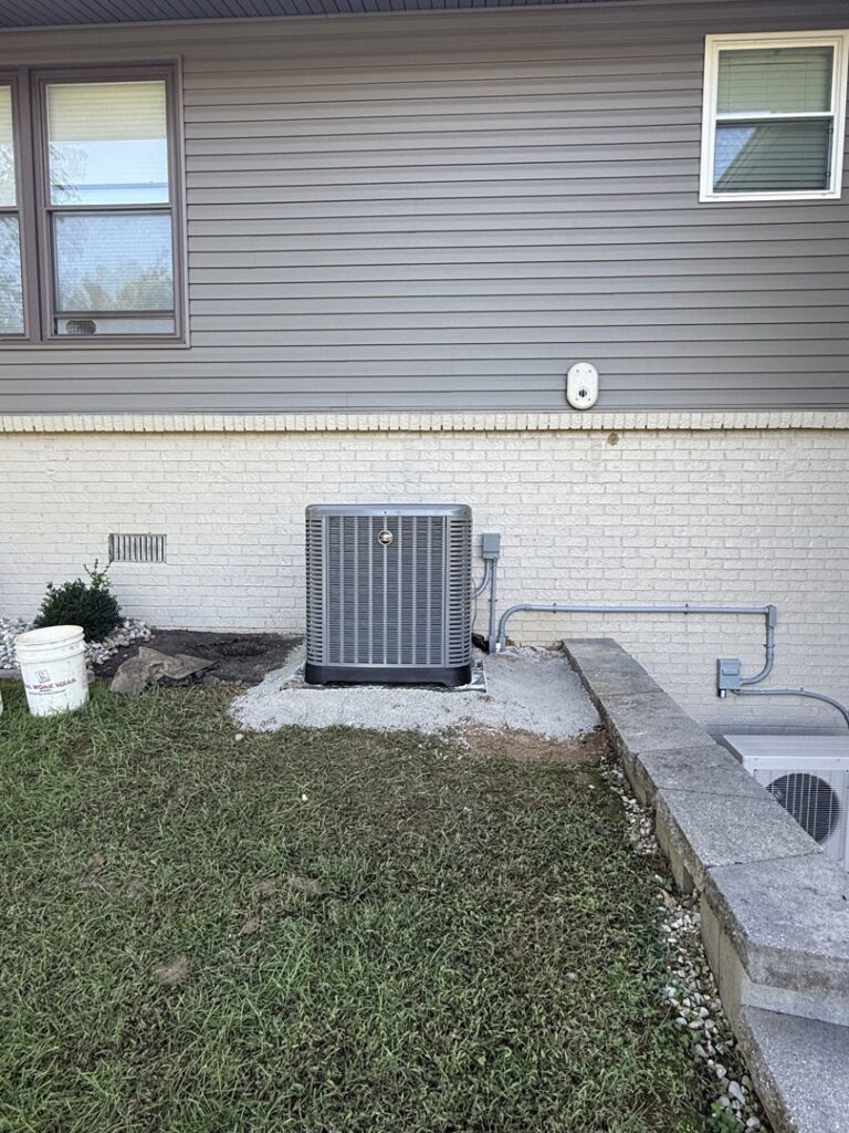 A newly installed residential HVAC condenser unit by Brad Emberton's HVAC in Owensboro, KY.