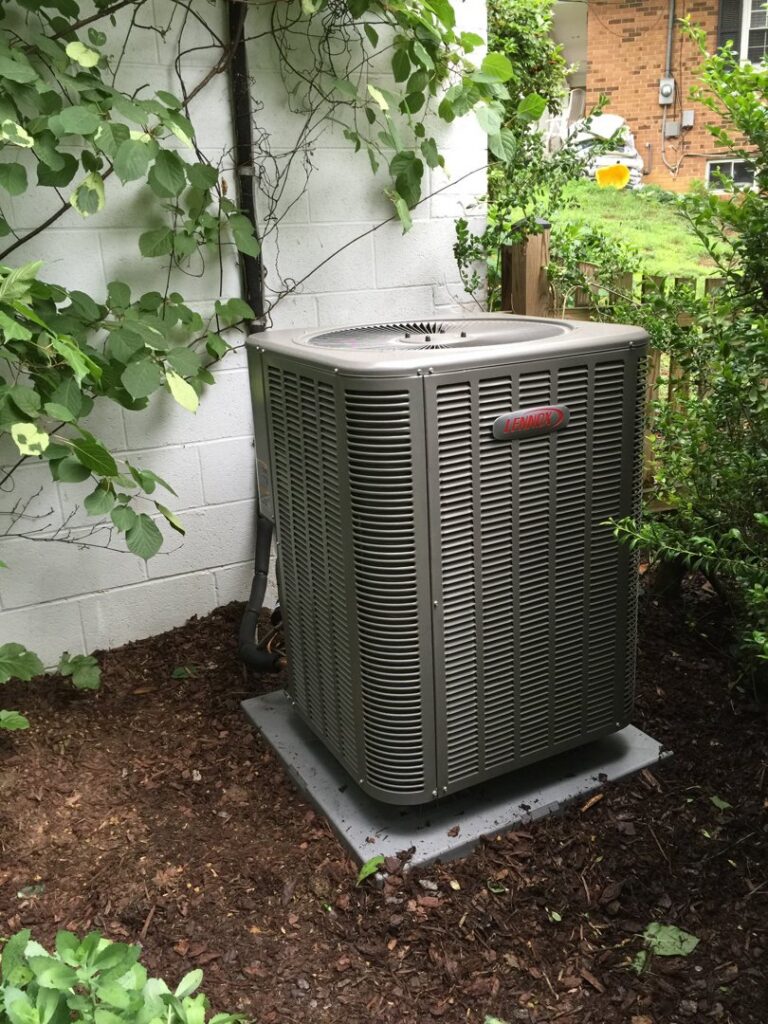 A residential outdoor Lennox air conditioning unit installed by SFC Heating and A/C, LLC in Alexandria, VA.