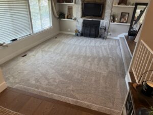 A cozy residential living room with new light-colored carpet installed by All about flooring utah in Salt Lake City, UT.