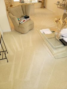 A bright residential living room with a freshly cleaned carpet, showing professional results from Carpet Cleaning & More in Atlanta, GA.