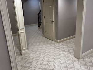 A residential hallway with freshly installed patterned carpet by Kevin's Carpets of Lexington and Georgetown, KY.