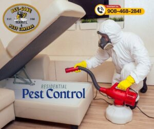 A technician performing residential pest control treatment under a sofa cushion for Bee-Gone Termite & Pest Control in Middletown, NJ.