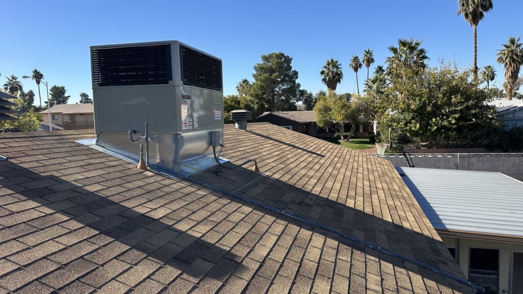 A newly installed residential rooftop HVAC unit by Blue Collar HVAC in Las Vegas, NV.
